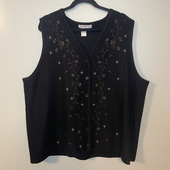 Silhouettes Vintage 100% Wool Vest Floral Embroidery Black Womens Plus Sz 2X EUC - Picture 1 of 5